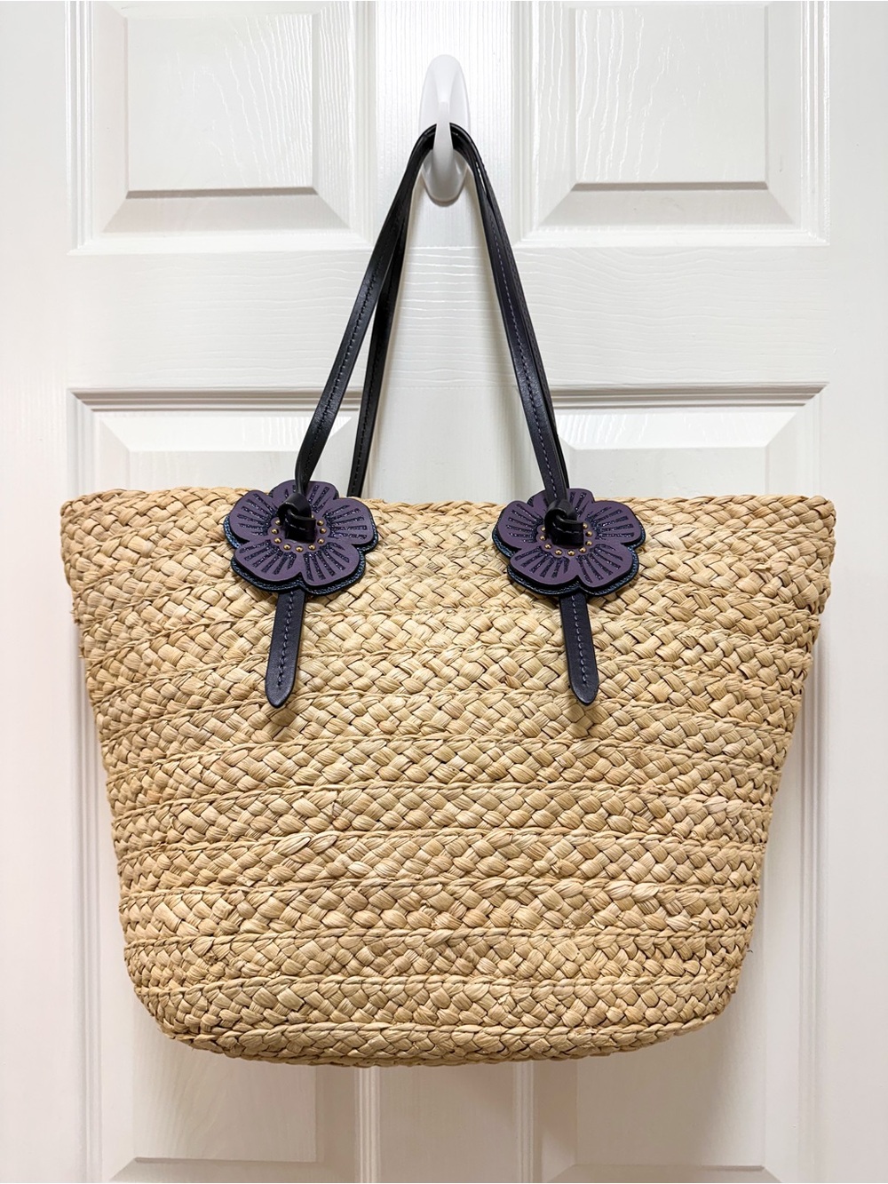 Coach Tea Rose Large Woven Straw Summer Tote Leather Trim Shoulder Bag - Picture 5 of 12